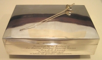1936, silver cigarette case presented to Mrs Spong, President of the Ladies Amateur Fencing Association and, as Millicent Hall in 1907, the first British women’s foil champion